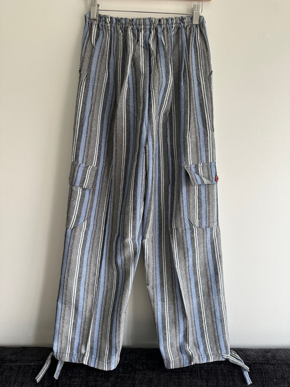 Peru/Ecuador Handmade Cotton Boho Unisex Striped Pants Joggers Blue Gray Medium - Picture 3 of 6